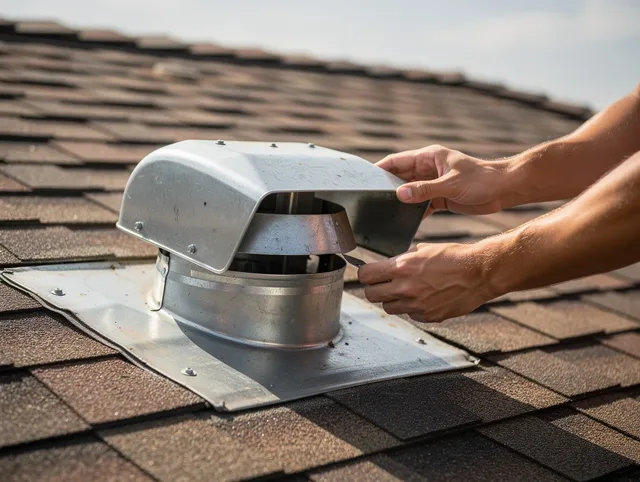 Maynard Dryer Vent Cleaning certified technician safely cleaning a roof-mounted dryer vent in Maynard