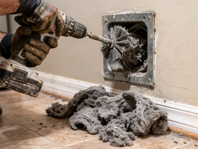 Certified Maynard Dryer Vent Cleaning technician performing dryer vent cleaning in Maynard
