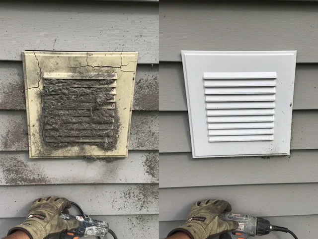 Maynard Dryer Vent Cleaning technician installing high-quality dryer vent cover at a residential property in Maynard