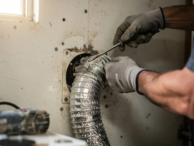 Maynard Dryer Vent Cleaning technician performing precise dryer vent hose installation in Maynard